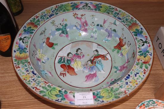 A 19th century Chinese famille rose basin, two jars and covers and a vase diameter 38cm